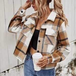 New Plaid Khaki Tan pocket button up jacket shacket